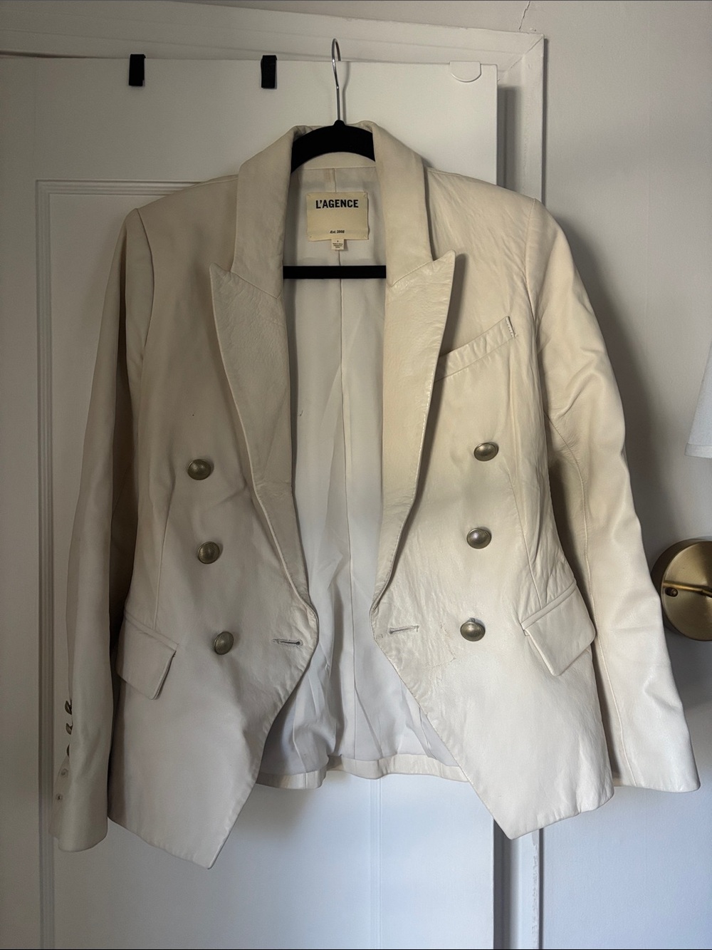 L'AGENCE Cream Double-Breasted Leather Blazer